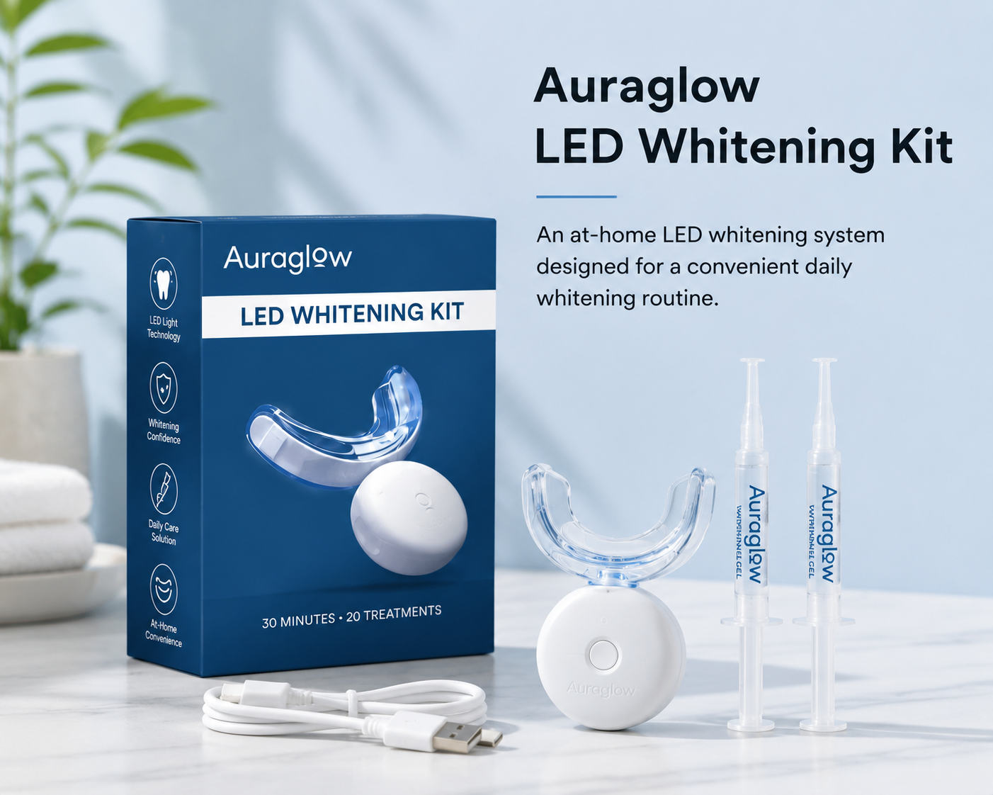 Auraglow Teeth Whitening Kit — LED whitening system with rechargeable tray and whitening gel