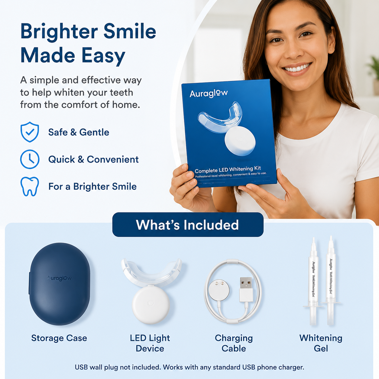 Auraglow kit components — LED mouth tray, whitening gel syringes, USB charging cable, and instructions